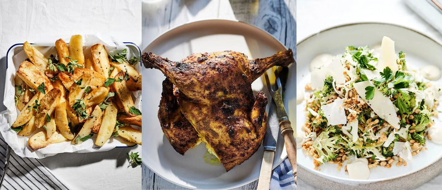 Collage of BLAKEAWAY's Ultimate Roast Chook with a side of Greek Style Lemon Roasted Potatoes and Cabbage & Broccoli Slaw