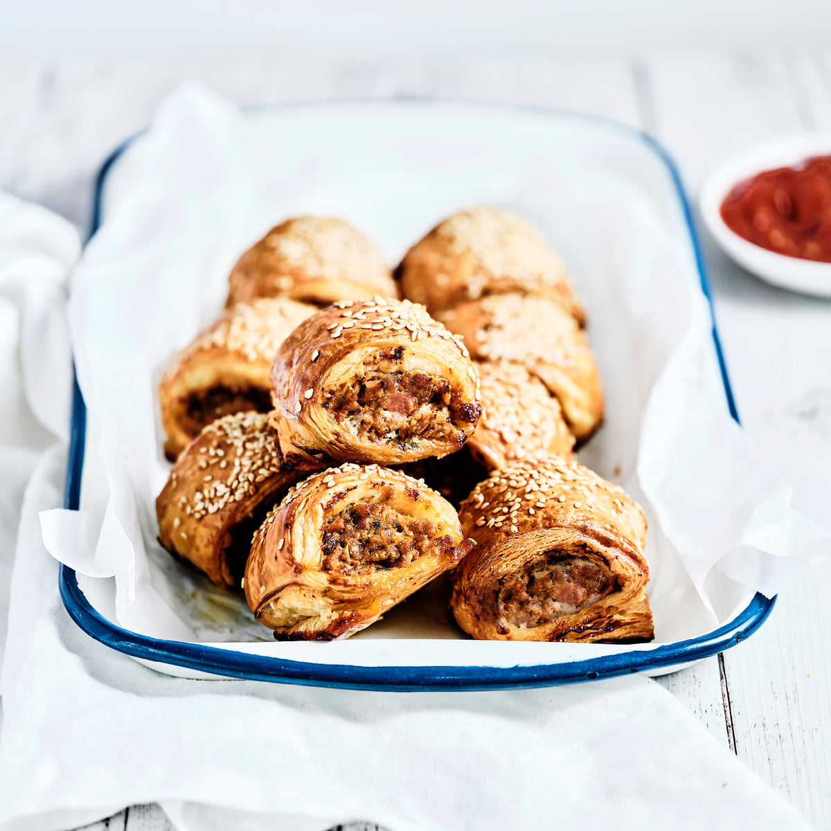 BLAKEAWAY BEEF & PORK SAUSAGE ROLLS, TOMATO RELISH