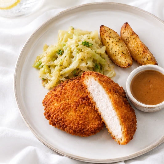 Free-Range Parmesan & Lemon Chicken Schnitzel, Braised Cabbage, Greek Potato, Chicken Gravy – Single Serve