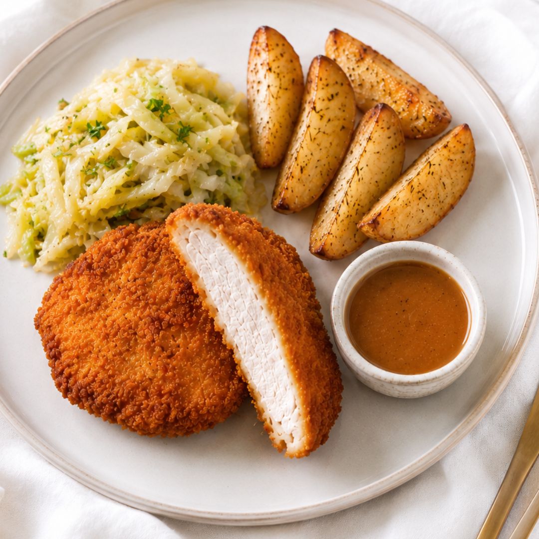 A plated meal on a white table, featuring chicken schnitzel with one piece cut open to show the white meat inside, a serving of creamy green salad, two roasted potato wedges, and a small bowl of brown sauce.
