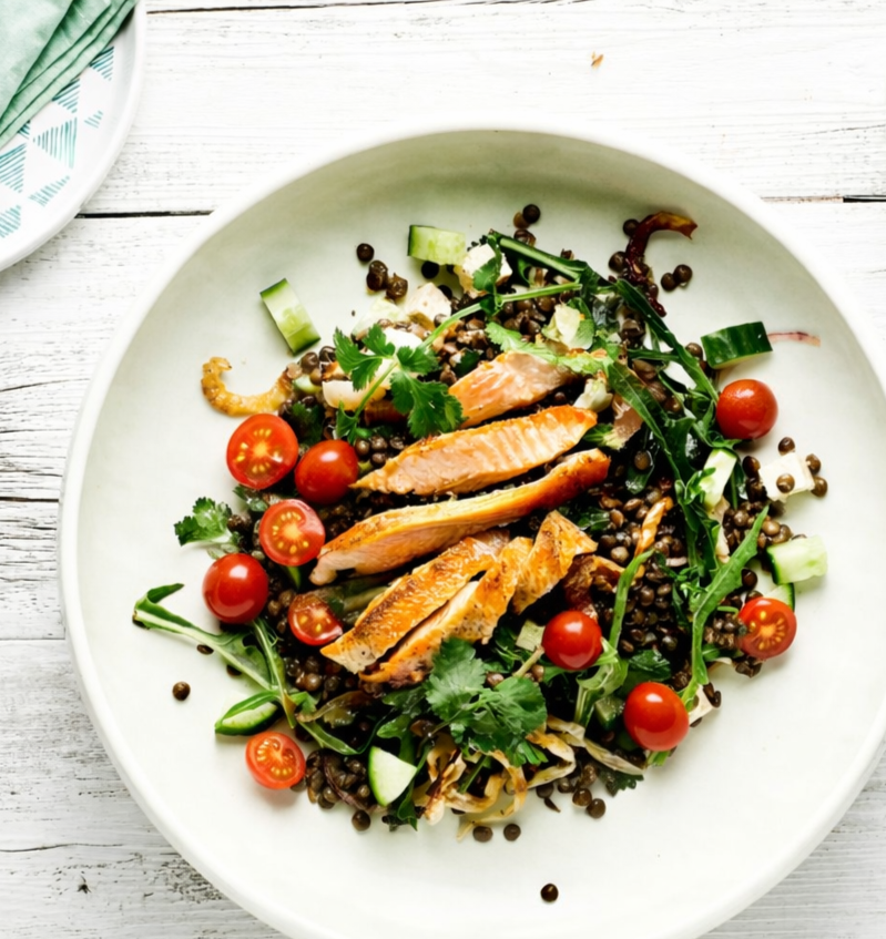 Baked Salmon, Tomato, Caper, Olive & Farro Salad, Lemon Vinaigrette