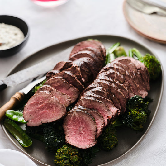WHOLE ROASTED EYE FILLET OF BEEF, SALSA VERDE.