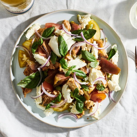 PANZANELLA SALAD, FIOR DI LATTE, BREAD CLUB CROUTONS.