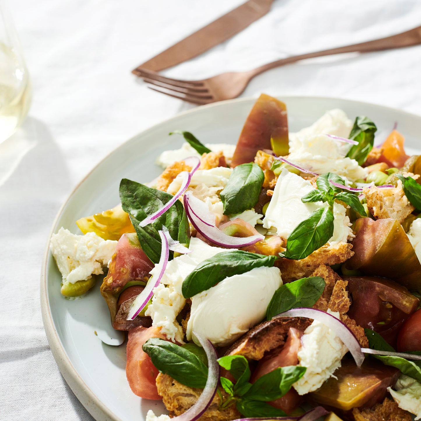 PANZANELLA SALAD, FIOR DI LATTE, BREAD CLUB CROUTONS.