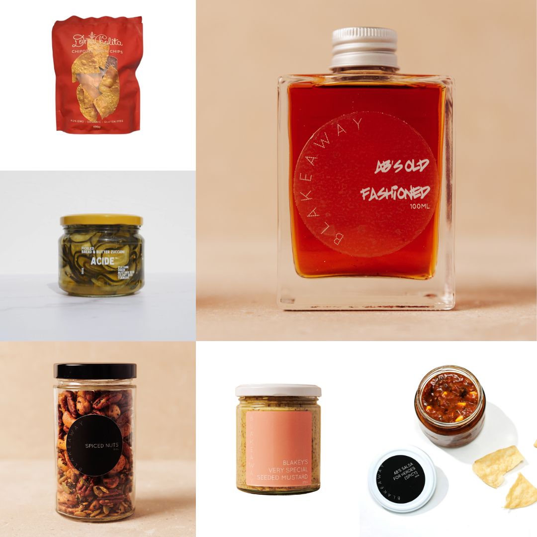 A collage of six products that make up BLAKEAWAY's Father's Day Hamper showcasing various gourmet snacks and packaged foods.