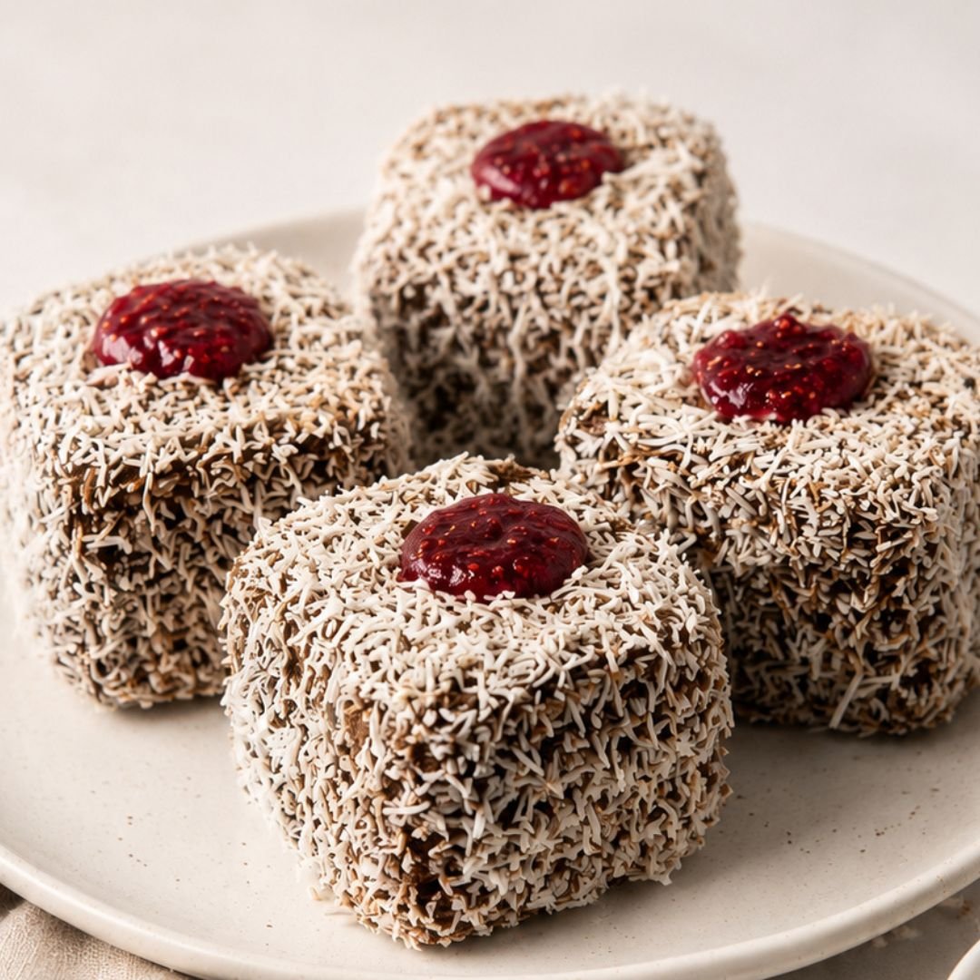 Lamingtons with toasted flaked coconut and raspberry jam
