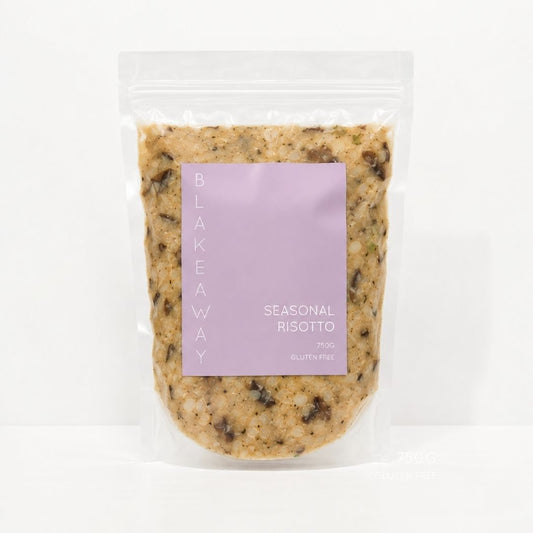 A stand-up resealable pouch of Blakeaway Seasonal Risotto, filled with risotto, featuring a lavender purple label on a clean white background.