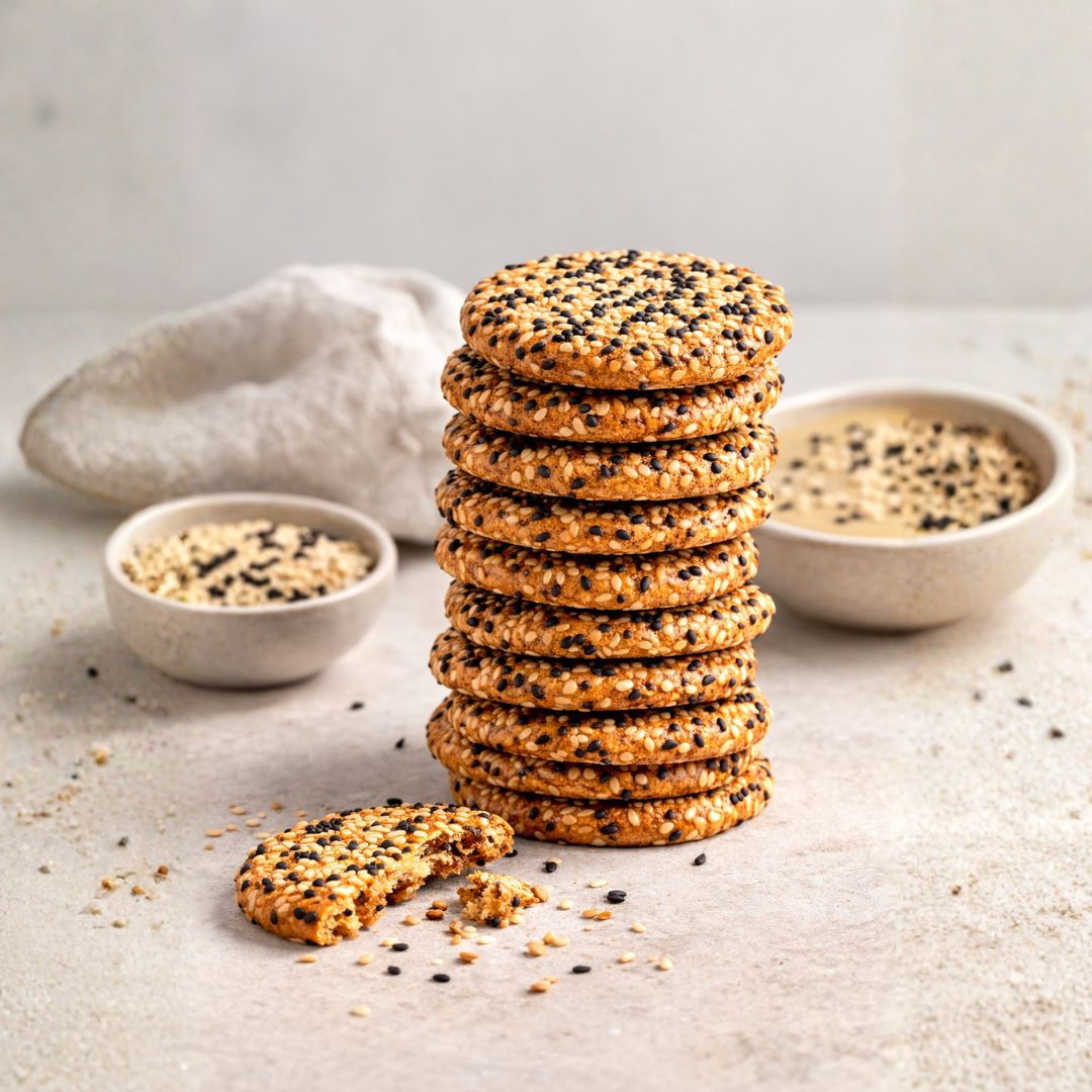Stack of sesame tahini cookies with small bowls of seeds on a light surface