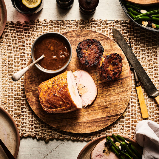 FREE RANGE TURKEY BREAST STUFFED WITH FIG, DUCK & SAGE. (GF)