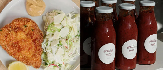 chicken schnitzel with a side of slaw & mustard, plus jars of blakeaway's sugo 
