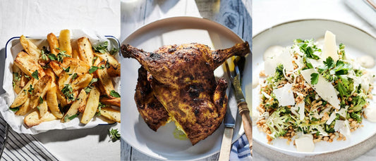 Collage of BLAKEAWAY's Ultimate Roast Chook with a side of Greek Style Lemon Roasted Potatoes and Cabbage & Broccoli Slaw