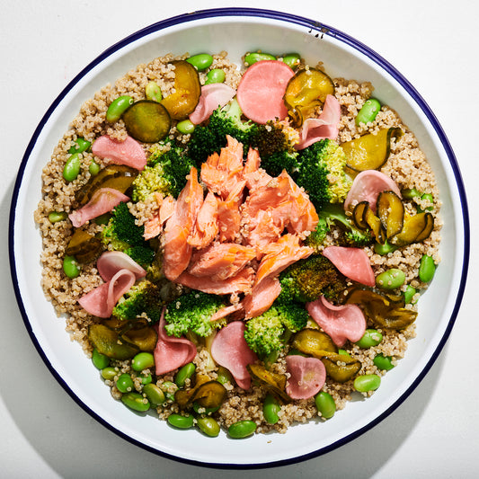 Salmon Poke Bowl, Quinoa, Edamame, Broccoli, Japanese Pickles & Jalapeno-Soy Dressing