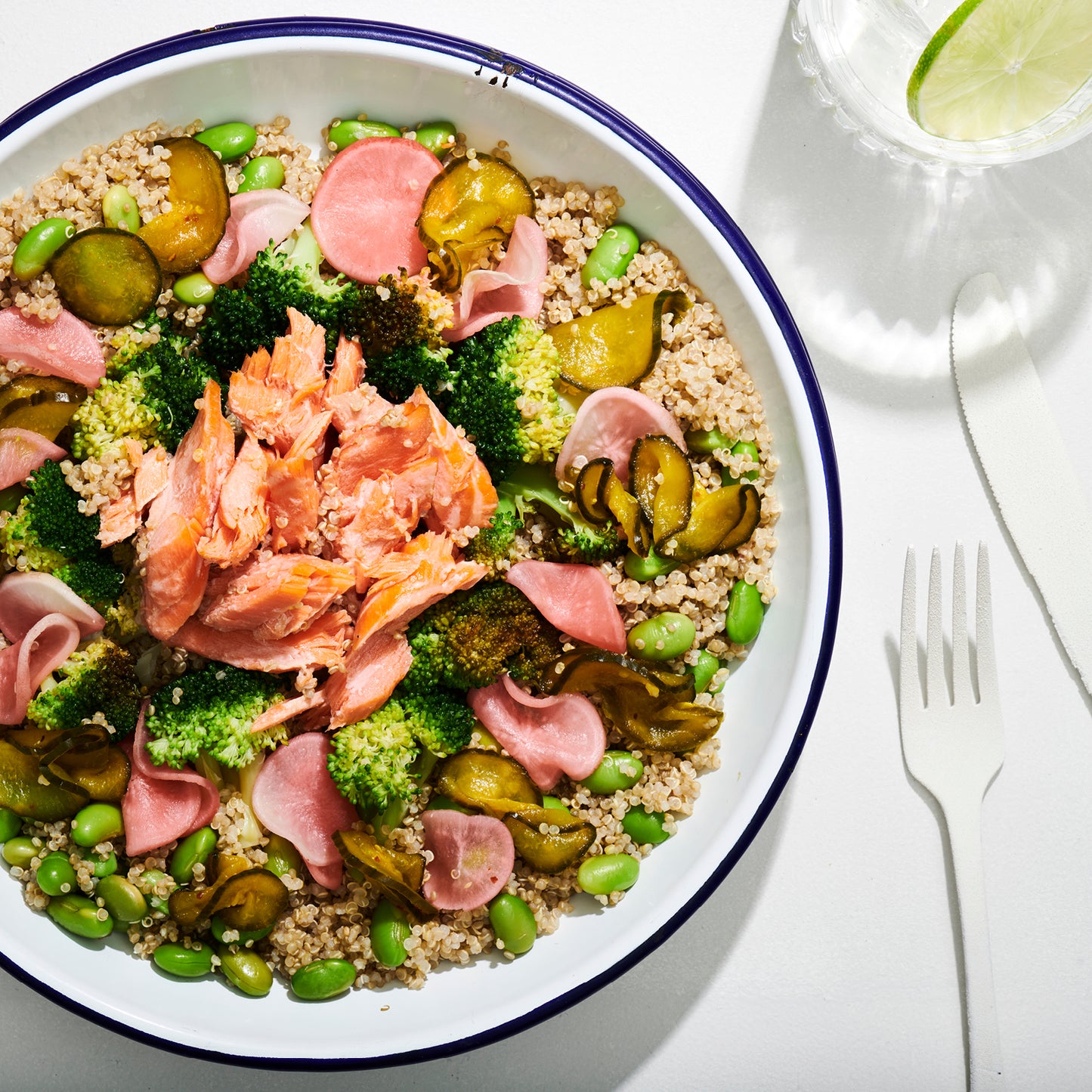 Salmon Poke Bowl, Quinoa, Edamame, Broccoli, Japanese Pickles & Jalapeno-Soy Dressing