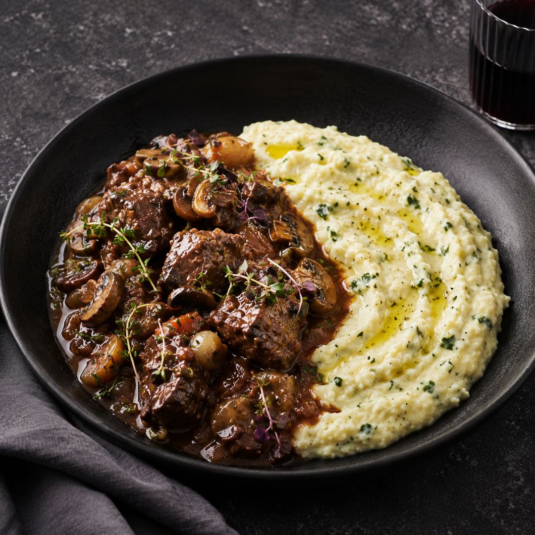 beef bourguignon with soft mascarpone and parmesan polenta