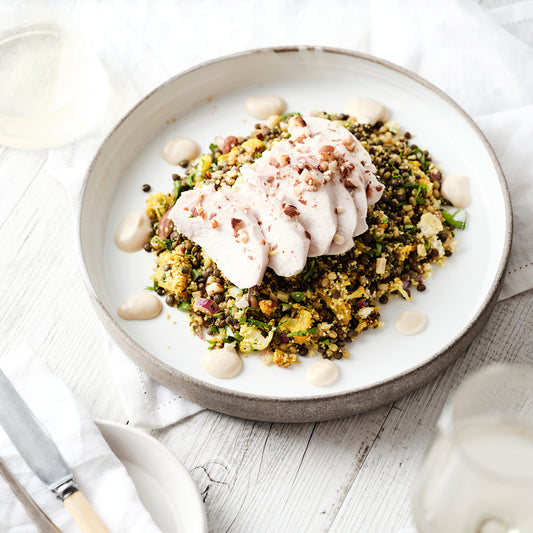 Cypriot Grain Salad, Poached Chicken, Tahini Vinaigrette