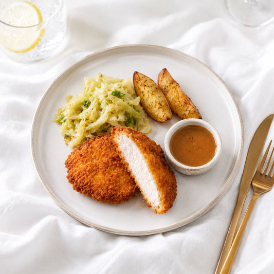 Free-Range Parmesan & Lemon Chicken Schnitzel, Braised Cabbage, Greek Potato, Chicken Gravy – Single Serve