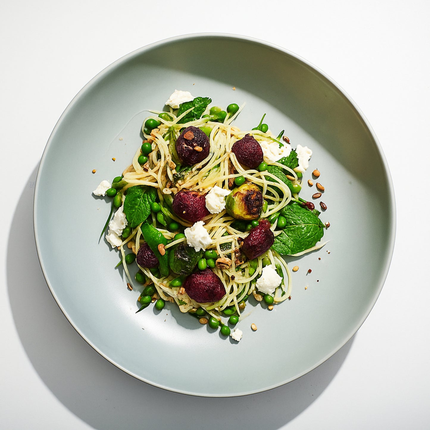 Zucchini Noodle Salad, Roasted Brussels Sprouts, Beetroot & Savoury Granola, Lemon Vinaigrette