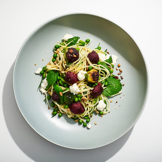 Zucchini Noodle Salad, Roasted Brussels Sprouts, Beetroot & Savoury Granola, Lemon Vinaigrette