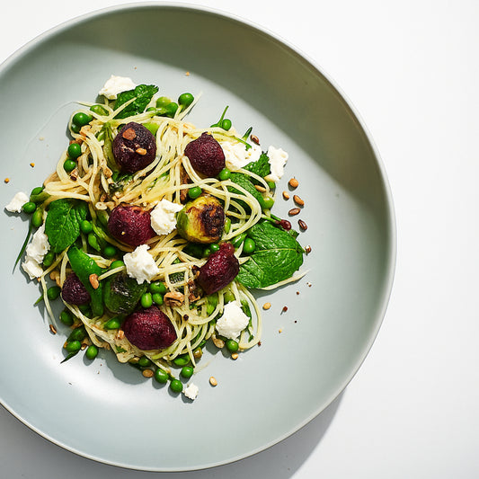 Zucchini Noodle Salad, Roasted Brussels Sprouts, Beetroot & Savoury Granola, Lemon Vinaigrette