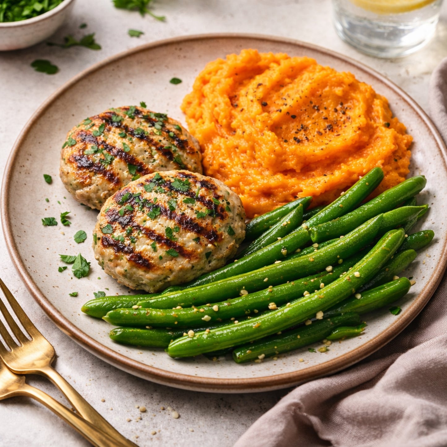 Grilled Turkey & Zucchini Burgers, Mashed Sweet Potato, Green Beans - Single Serve