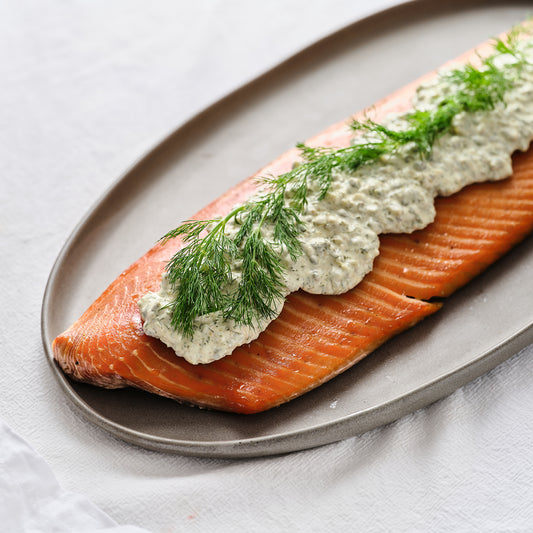 HOT SMOKED SALMON, SANDY'S DILL SAUCE.