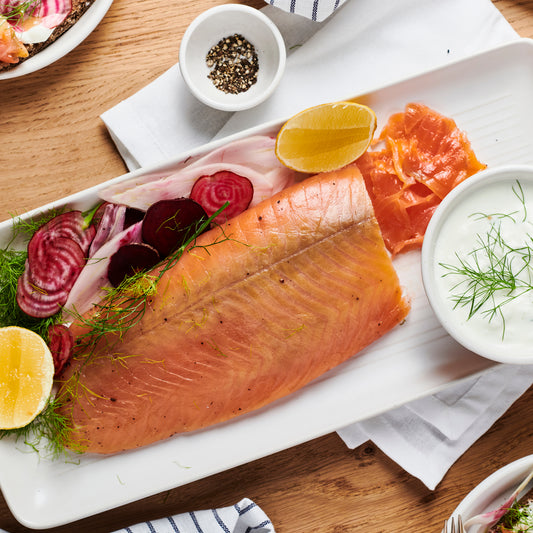 BEETROOT & VODKA CURED OCEAN TROUT GRAVLAX, HORSERADISH CREAM.