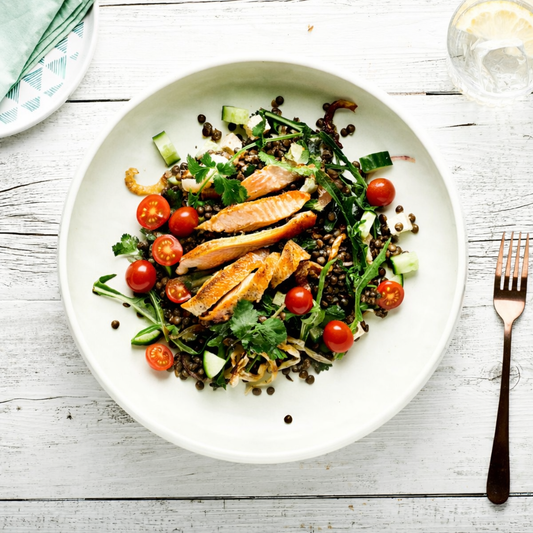 Baked Salmon, Tomato, Caper, Olive & Farro Salad, Lemon Vinaigrette