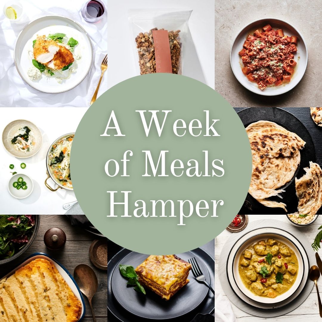 A collage of six food and dining scenes arranged around a large pale green circle with the text 'A Week of Meals Hamper.' The surrounding photos show plated dishes, a packaged granola, flatbread, curry, and other meals.