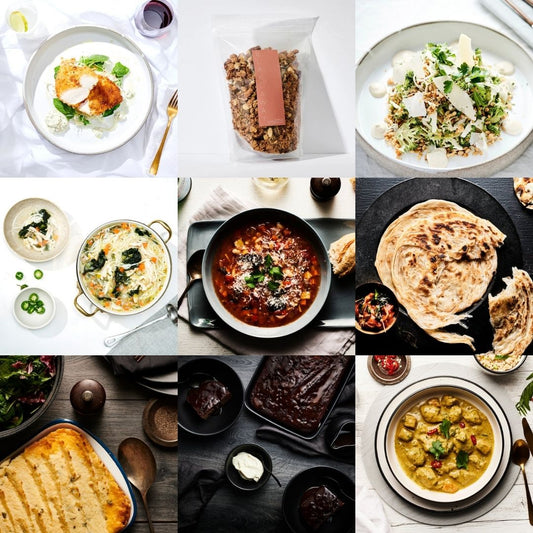 Collage of meals in our 'week of meals' hamper including shepherd's pie, soups, granola, salad, dessert, curries and bread