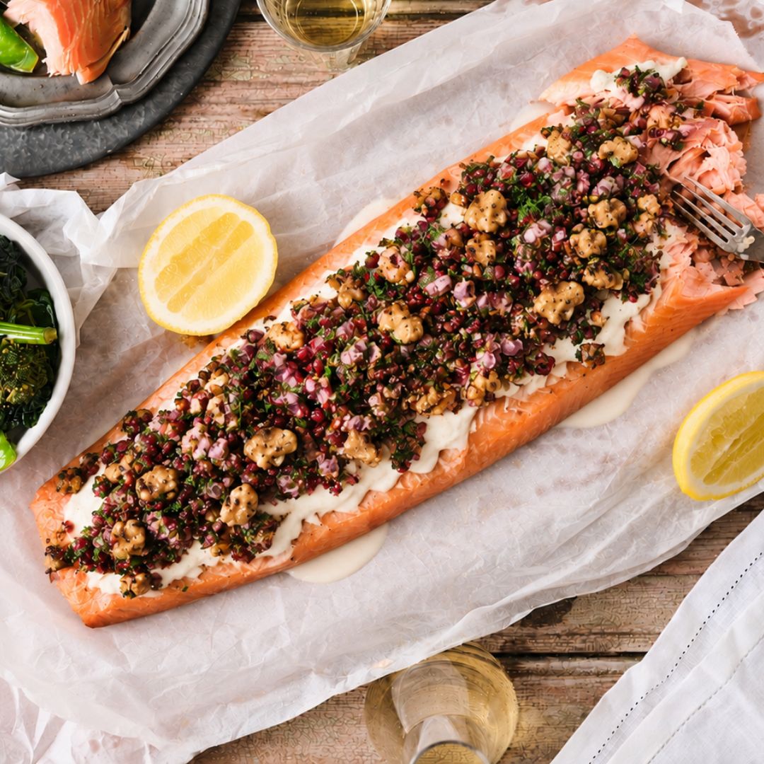 A baked salmon fillet topped with a tahini yoghurt and walnut tarrator, served on parchment paper with lemon wedges and a fork on a rustic wooden table.