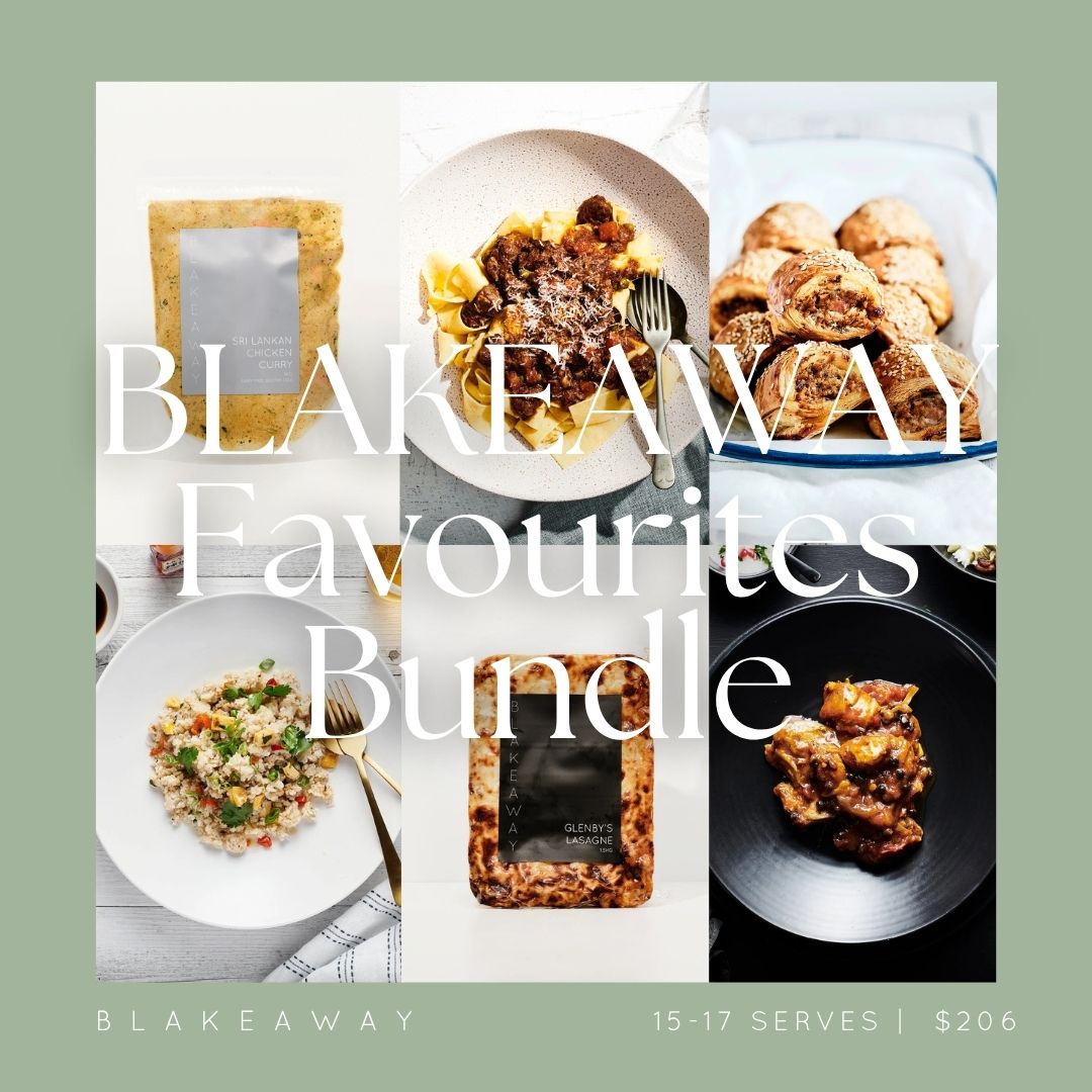 A promotional collage for the Blakeaway Favourites Bundle, featuring six food items arranged in a grid with large white text overlay. The bundle includes packaged snacks, pastries, salads, and grilled meats on plates, set against a sage green background with Blakeaway branding at the bottom.