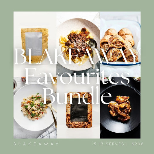 A promotional collage for the Blakeaway Favourites Bundle, featuring six food items arranged in a grid with large white text overlay. The bundle includes packaged snacks, pastries, salads, and grilled meats on plates, set against a sage green background with Blakeaway branding at the bottom.