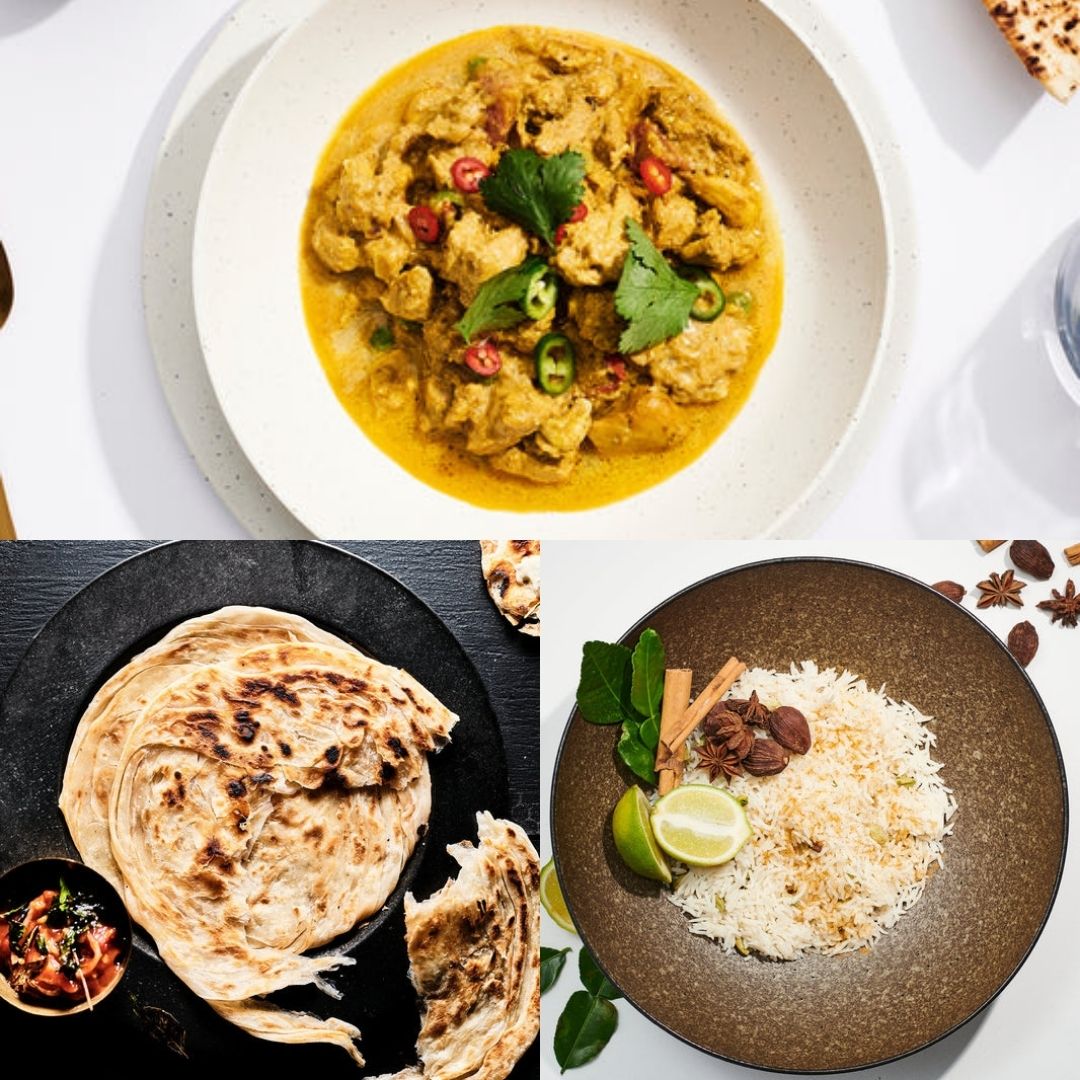 Collage of three dishes including a butter chicken, paratha flatbread, and fragrant rice with garnishes.