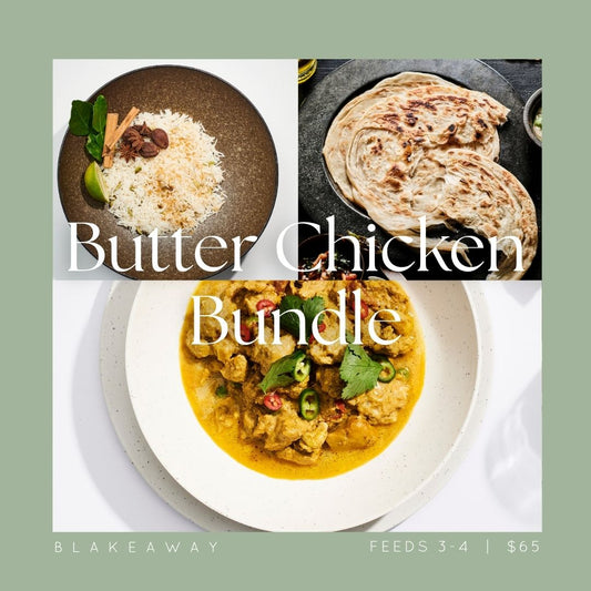 Collage of BLAKEAWAY's Butter Chicken Bundle featuring Paratha Bread, Fragrant Rice and Butter Chicken with Cashews.