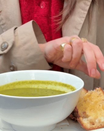 Short video of sour dough bread being dipped into a bowl of blakeaway's cleansing super green soup