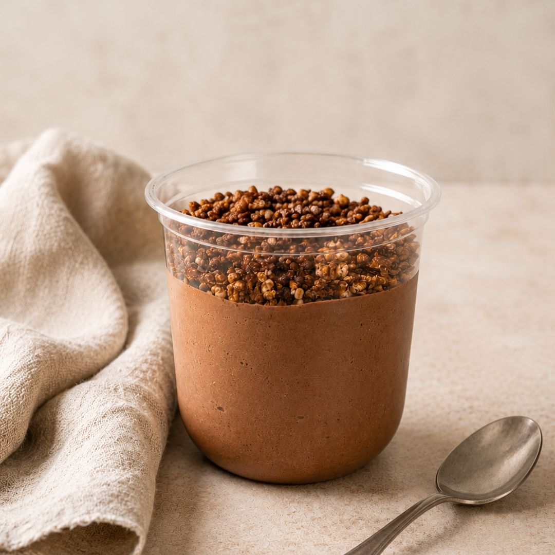 A clear plastic cup filled with dark chocolate protein mousse and topped with crumbled quinoa, set on a beige surface with a folded linen cloth and a spoon nearby.