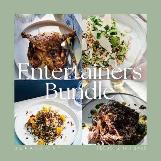 Collage of dishes included in BLAKEAWAY's Entertainers Bundle. Featuring Jezza's Butterflied Chicken, Cabbage & Broccoli Slaw, Ancient Grain Salad and a Slow-Cooked Lamb Shoulder.