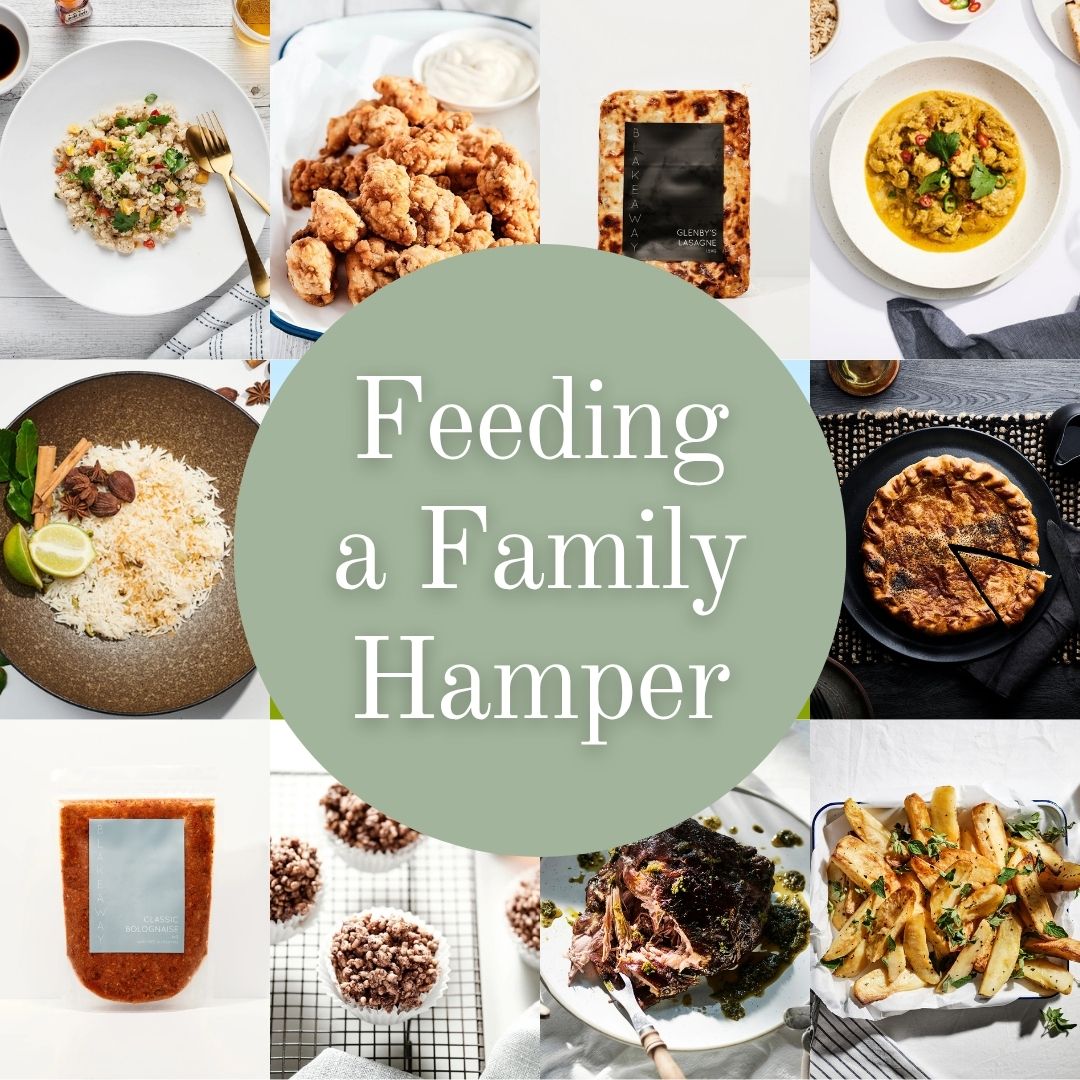 A collage of family-friendly dishes and packaged food items arranged around a large pale green circle with the text 'Feeding a Family Hamper.' 