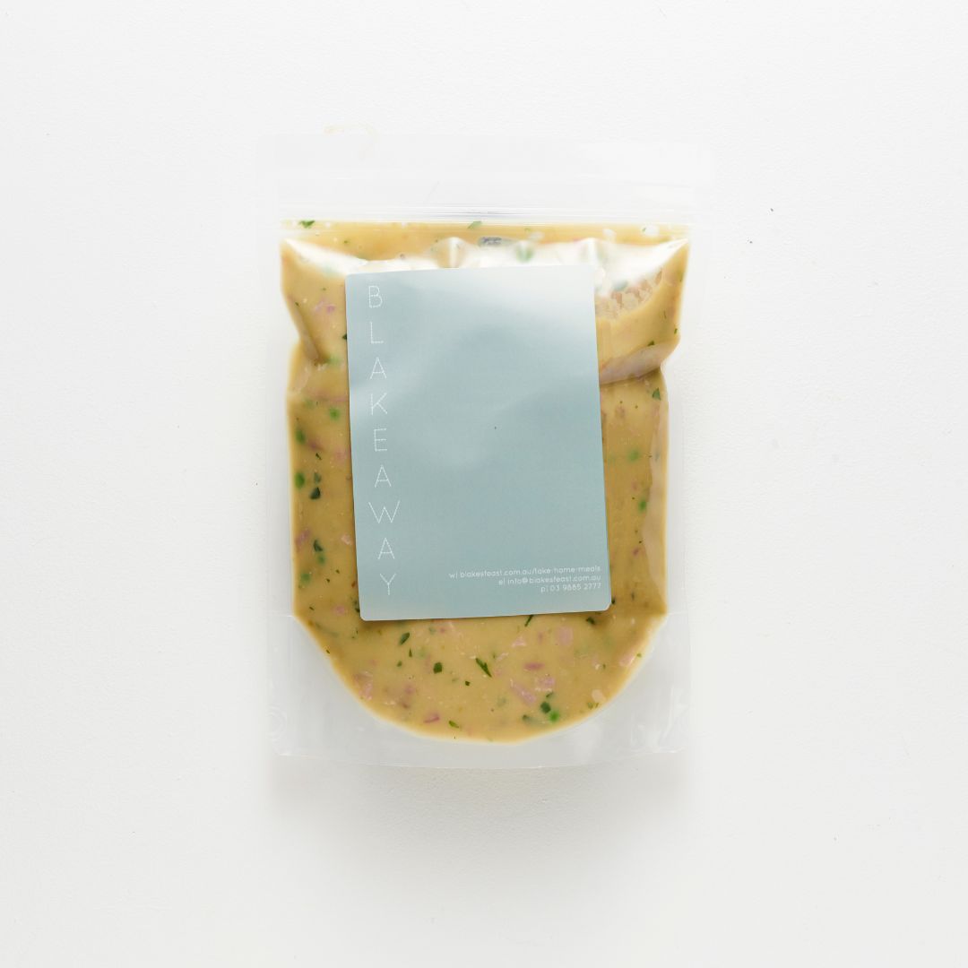 Example packaged ready-made soup with a label on a white background