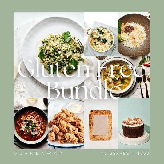 A collage for a gluten-free meal bundle, featuring multiple food photos including salads, seasonal risotto, butter chicken, sri lankan curry, popcorn chicken, carrot cake. Large overlaid text reads 'Gluten Free Bundle,' with 'BLAKEAWAY' at the bottom and '16 SERVES | $253' also shown.