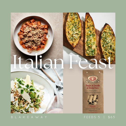 A collage of the Italian Feast Bundle, featuring a bowl of pasta with N'duja & Vodka Pasta Sauce, Garlic Bread, a Broccoli & Cabbage Slaw, and a pack of Rigatoni Pasta.