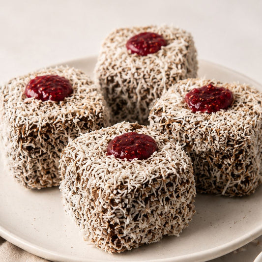 Lamingtons with toasted flaked coconut and raspberry jam