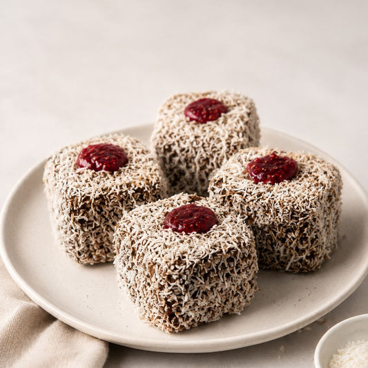Lamingtons with toasted flaked coconut and raspberry jam