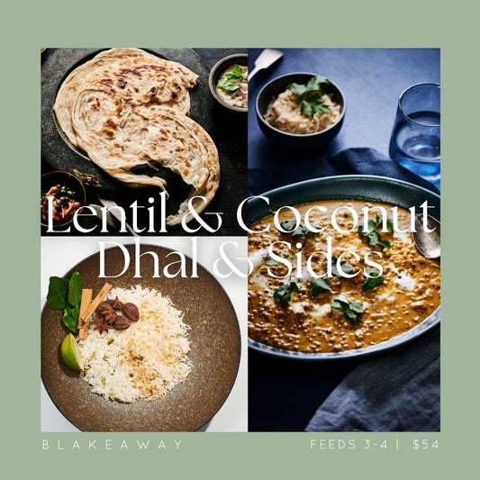 A collage for BLAKEAWAY's Lentil & Coconut Dhal & Sides Bundle – including  Paratha Indian Flatbread, Fragrant Lemongrass Rice and Lentil & Coconut Dhal.