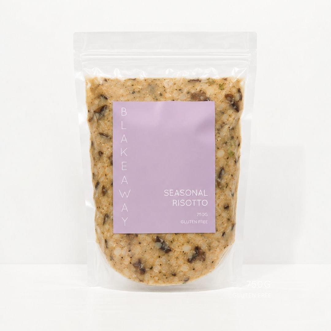 A stand-up resealable pouch of Blakeaway Seasonal Risotto, filled with risotto, featuring a lavender purple label on a clean white background.