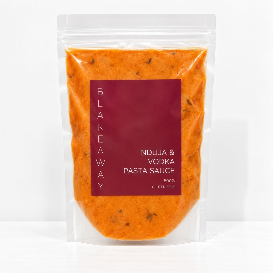 A 500g stand-up pouch of Blakeaway 'Nduja & Vodka Pasta Sauce' filled with orange-red sauce, featuring a dark red label on a white background.