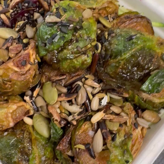 Zucchini Noodle Salad, Roasted Brussels Sprouts, Beetroot & Savoury Granola, Lemon Vinaigrette