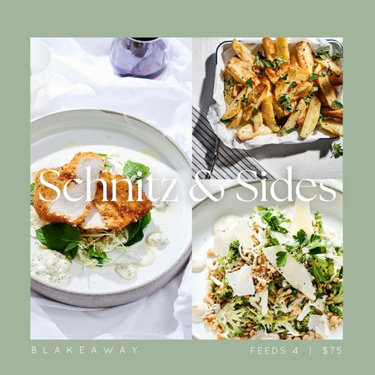 A four-panel collage for Schnitz & Sides at BLAKEAWAY, featuring a chicken schnitzel, golden roast potatoes, and a broccoli slaw with cheese shavings