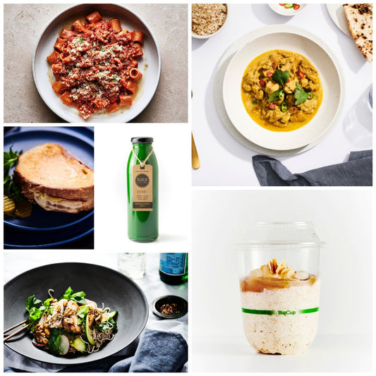 Collage of food items in the Single Serve Selection including tubetti pasta, curry, croque monsieur, juice, seasonal bircher muesli