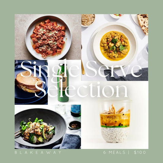 A collage for Blakeaway Single Serve Selection featuring various dishes within this bundle – including Butter Chicken with Cashews, Tubetti Rigati Bolognaise, Croque Monsieur, Seasonal Chicken Salad, Chia Pudding and Juice.